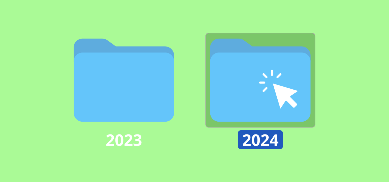 A desktop mouse clicking on a blue desktop file labeled "2024."
