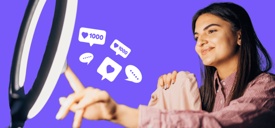 Girl in front of an influencer light with messaging icons popping up