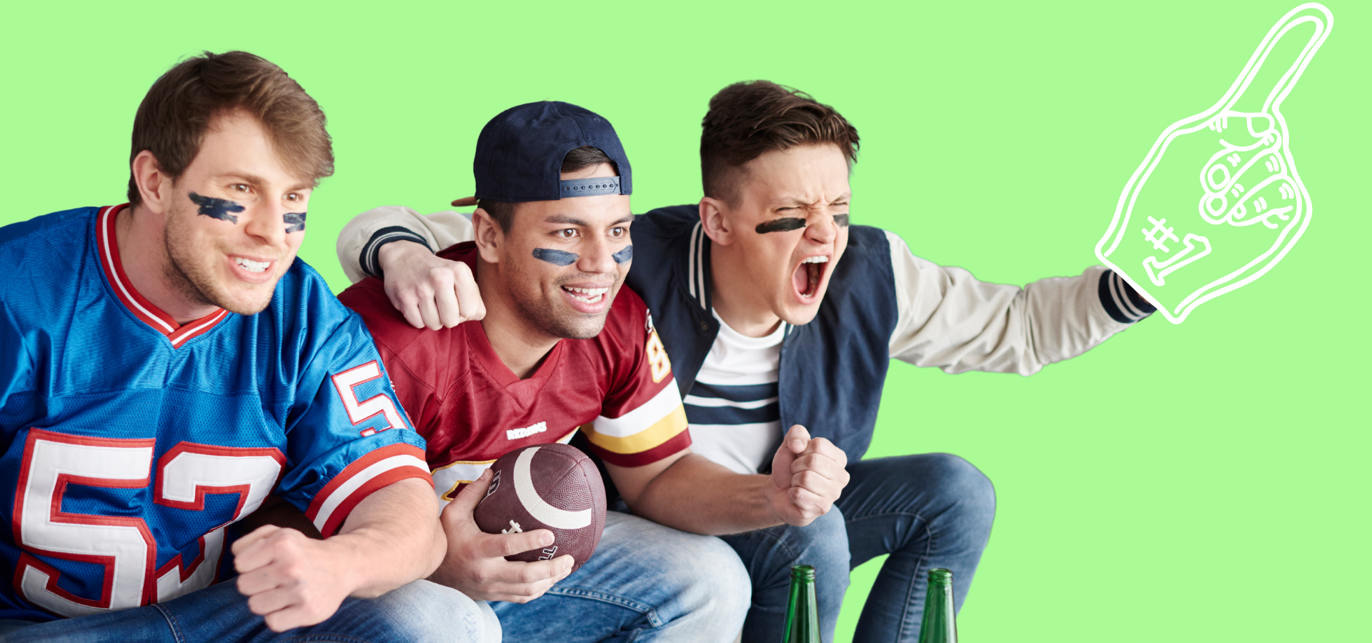 Three men wearing football jerseys cheering at the TV