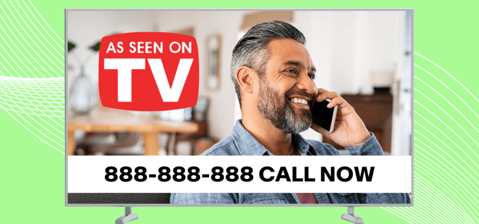 a tv commercial of a man on a cell phone, with a prompt to call a toll-free number.