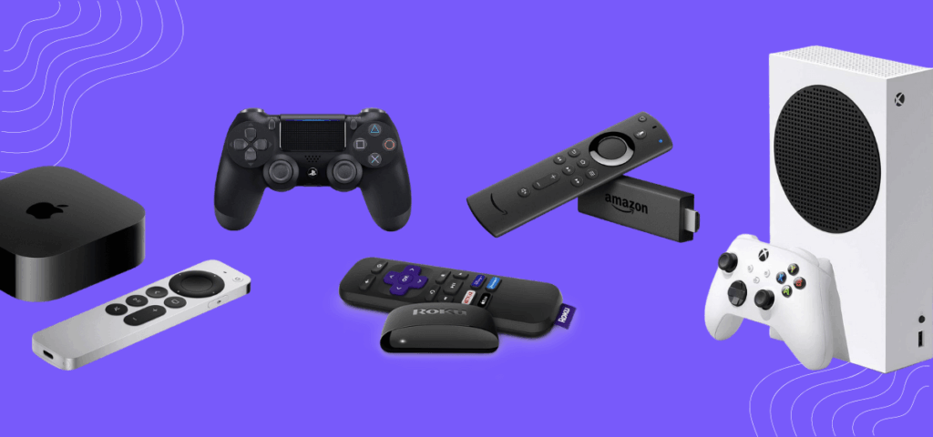 Different connected TV devices displayed on a purple background