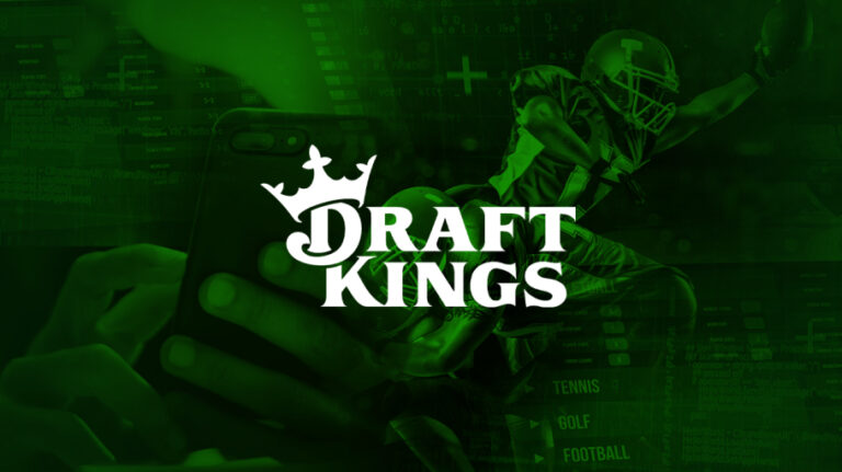 draft kings logo overlaid on top of green with sports betting images in the back