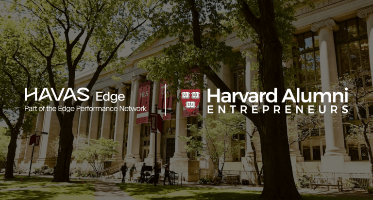 Harvard Alumni Entrepreneurs and Havas Edge logos overlay on Harvard campus image