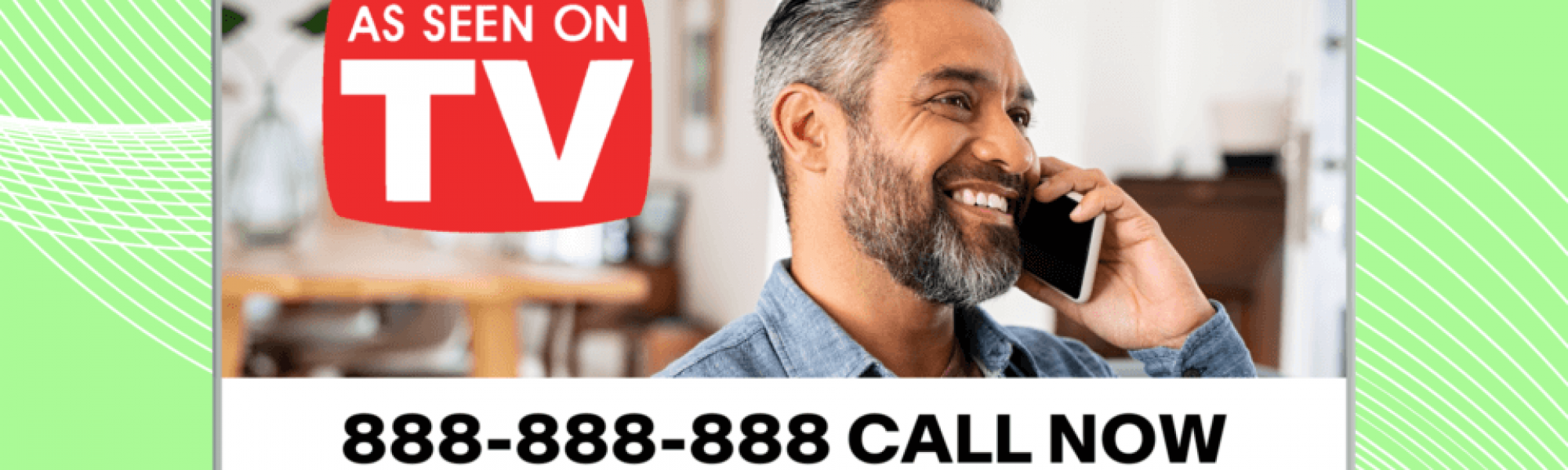 a tv commercial of a man on a cell phone, with a prompt to call a toll-free number.