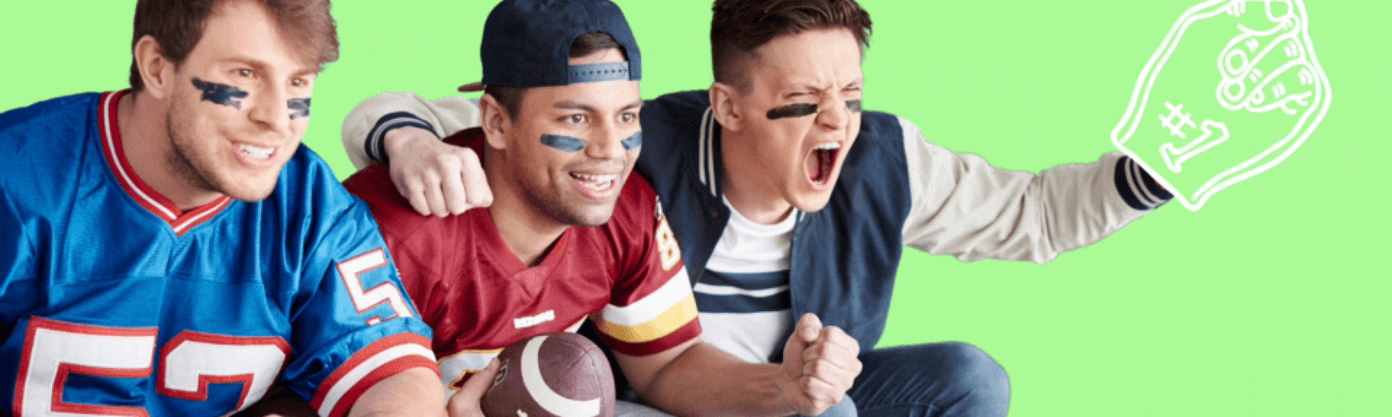 Three men wearing football jerseys cheering at the TV